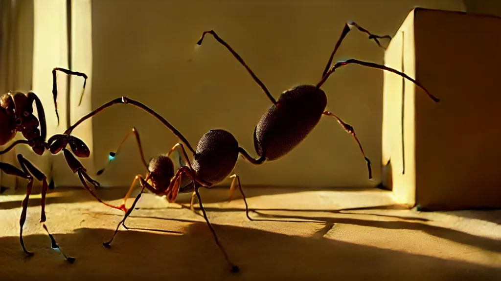 Image similar to the giant ant in the living room, film still from the movie directed by Denis Villeneuve with art direction by Salvador Dalí, wide lens