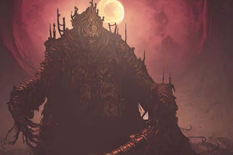 Image similar to an ultra detailed vector image of a big daddy in the style of bloodborne, concept art by alphonse mucha and greg rutkowski, scary shadows, blood moon eclipse, octane render, liminal space