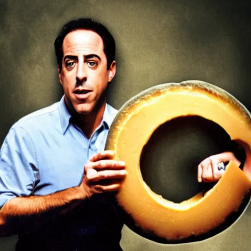 Prompt: jerry seinfeld eating a large wheel of cheese, realistic, color film,