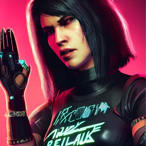 Image similar to female V from Cyberpunk 2077 wearing spiked black choker, steel collar, steel choker, punk, steel collar, 4K, realistic, spiked collar, art, beautiful, hd