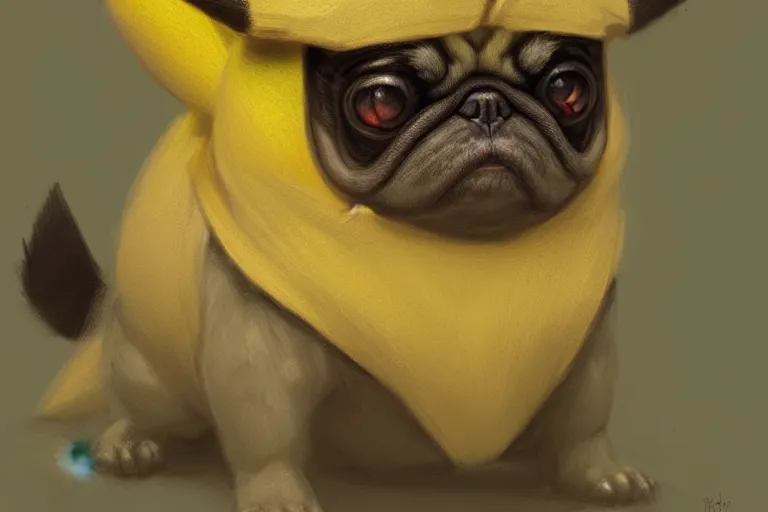 Image similar to photography of pikachu pug, deep focus, d & d, intricate, elegant, highly detailed, digital painting, artstation, concept art, matte, sharp focus, illustration, hearthstone, art by artgerm and greg rutkowski and alphonse mucha