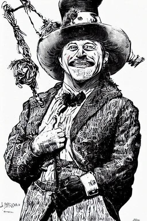 Prompt: vernon. Old west circus clown by James Gurney and Mœbius.