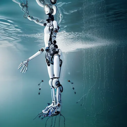 Prompt: beautiful centered fine art photo portrait of hoyeon jung as a solarpunk robotic humanoid treading on water below, white mechanical parts with led lights, ultra - detailed and intricate, white background, sun lighting, soft focus, slow exposure hdr 8 k