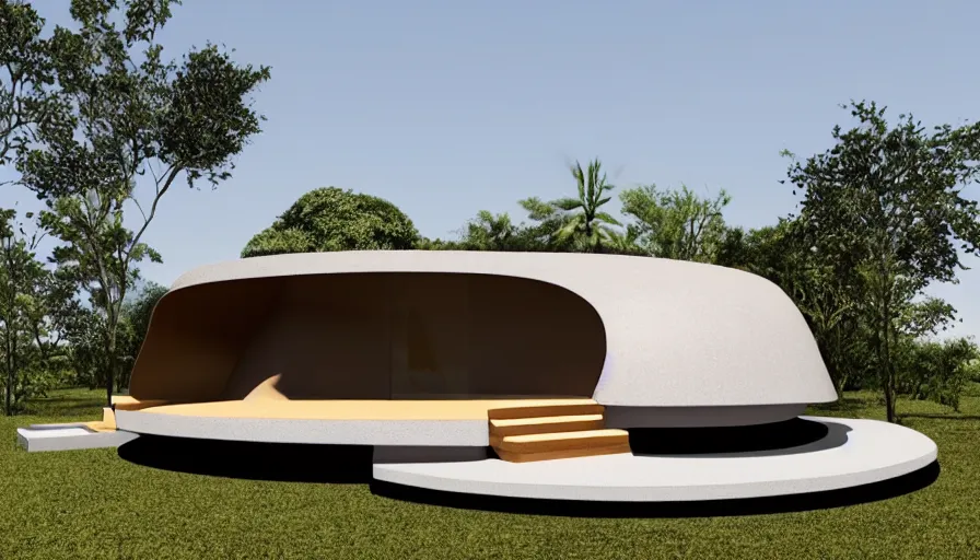 Image similar to A wide image of a full innovative contemporary 3D printed prefab cabin with rounded corners, beveled edges, made of cement, organic architecture, Designed by Gucci, Balenciaga, and Wes Anderson