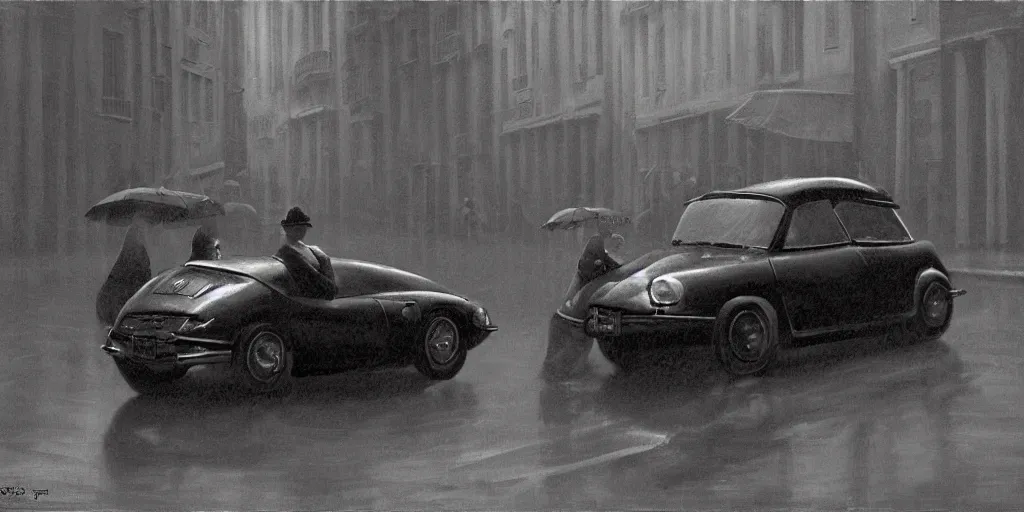 Image similar to A mysterious figure at a black 1955 Citroen DS 19 with the headlights on, parked on the side of the road in the city of Rome while it is raining, by George Tooker, moody, sinister, lighting, hyperrealistic