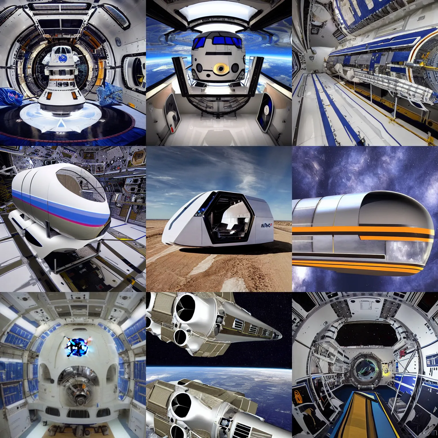 Prompt: nasa's new spaceship made from a bus, cruising in space, sci fi art, as photograph