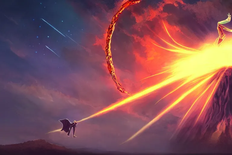 Image similar to levitating wizard wielding a sword, opening a shining portal, night sky, horizon of an erupting volcano, trending on artstation