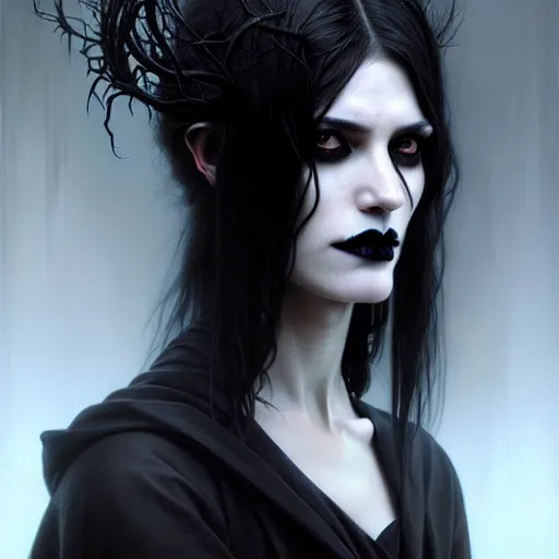 Image similar to portrait painting of an androgynous goth witch with shoulder length flowing black hair pale skin and beautiful dark brown eyes, ultra realistic, concept art, intricate details, eerie, highly detailed, photorealistic, octane render, 8 k, unreal engine. art by artgerm and greg rutkowski and magali villeneuve