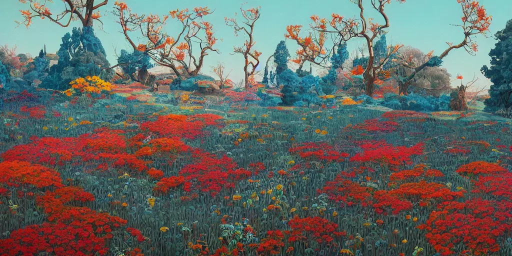 Prompt: landscape painting at noon by james jean and David Schnell painted with big brushstrokes, rendering, redshift, no mans land style