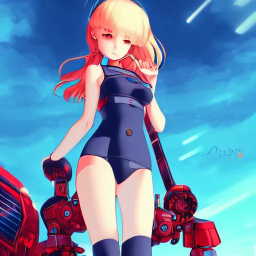 Image similar to digital anime art, very small cute girl standing on a large table, red mech arms and red mech legs, blue watery eyes!!!, short