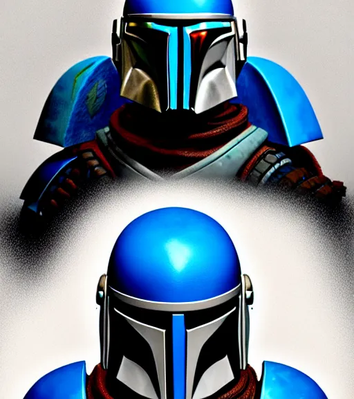 Image similar to mandalorian clan chief, black and blue armor, complex, hyper detailed, ultrasharp, digital portrait, concept art, character design, illustration, studio lights, hyper realistic, ultra detailed, volumetric lighting, 8 k uhd post - production, artstation hq, unreal engine 5, unity engine