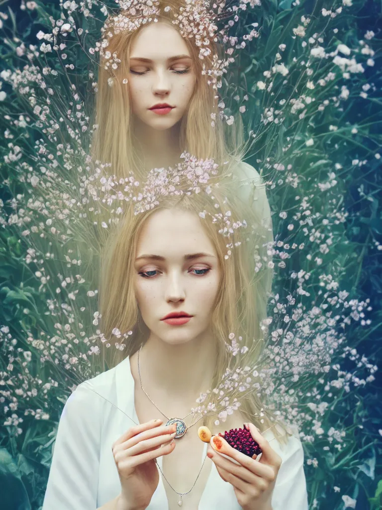 Image similar to blonde girl in white dress in beautiful window, necklace with a fruit seed ornament, ocean eyes, light freckles, incense smoke and flowers in the background, portrait, mucha, conceptart, medium shot, unreal, octane, symmetrical, photorealism.
