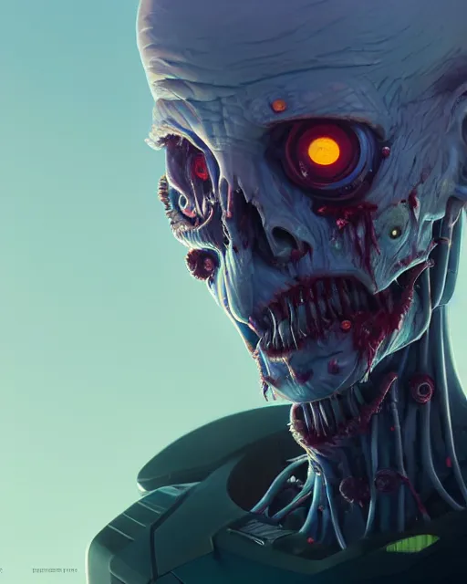 Image similar to highly detailed vfx portrait of a character of a zombie robot, stephen bliss, unrealengine, greg rutkowski, loish, rhads, beeple, makoto shinkai and lois van baarle, ilya kuvshinov, rossdraws, tom bagshaw,