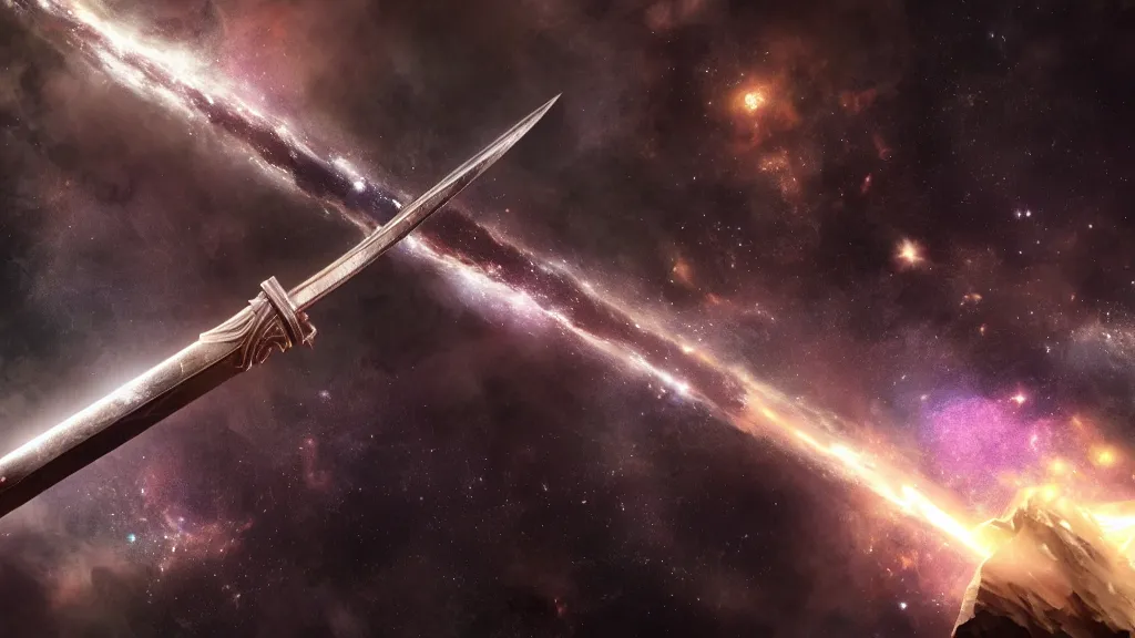 Prompt: broad sword filled with universe, milky way, 3 feet long, cinematic lighting, concept art, inscriptions, hyper detailed, octane render, 4 k, 8 k