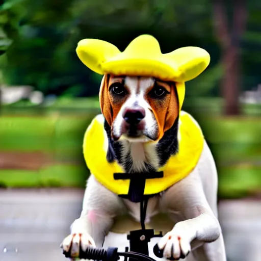 Image similar to a dog with a yellow hat riding a bike