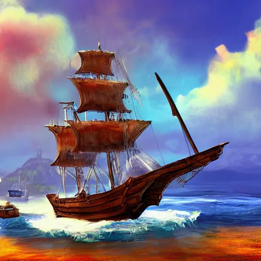 Prompt: a pirate ship near shore, by Bill Tiller, game concept art, colorful