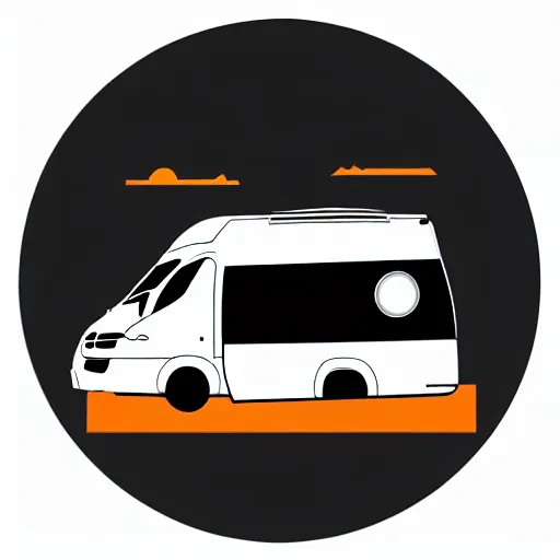 Prompt: logo, white and black cute thor chateau motorhome camper, highway, mountains and sunset!!, everything enclosed in a circle, happy, professional colorful logo illustration