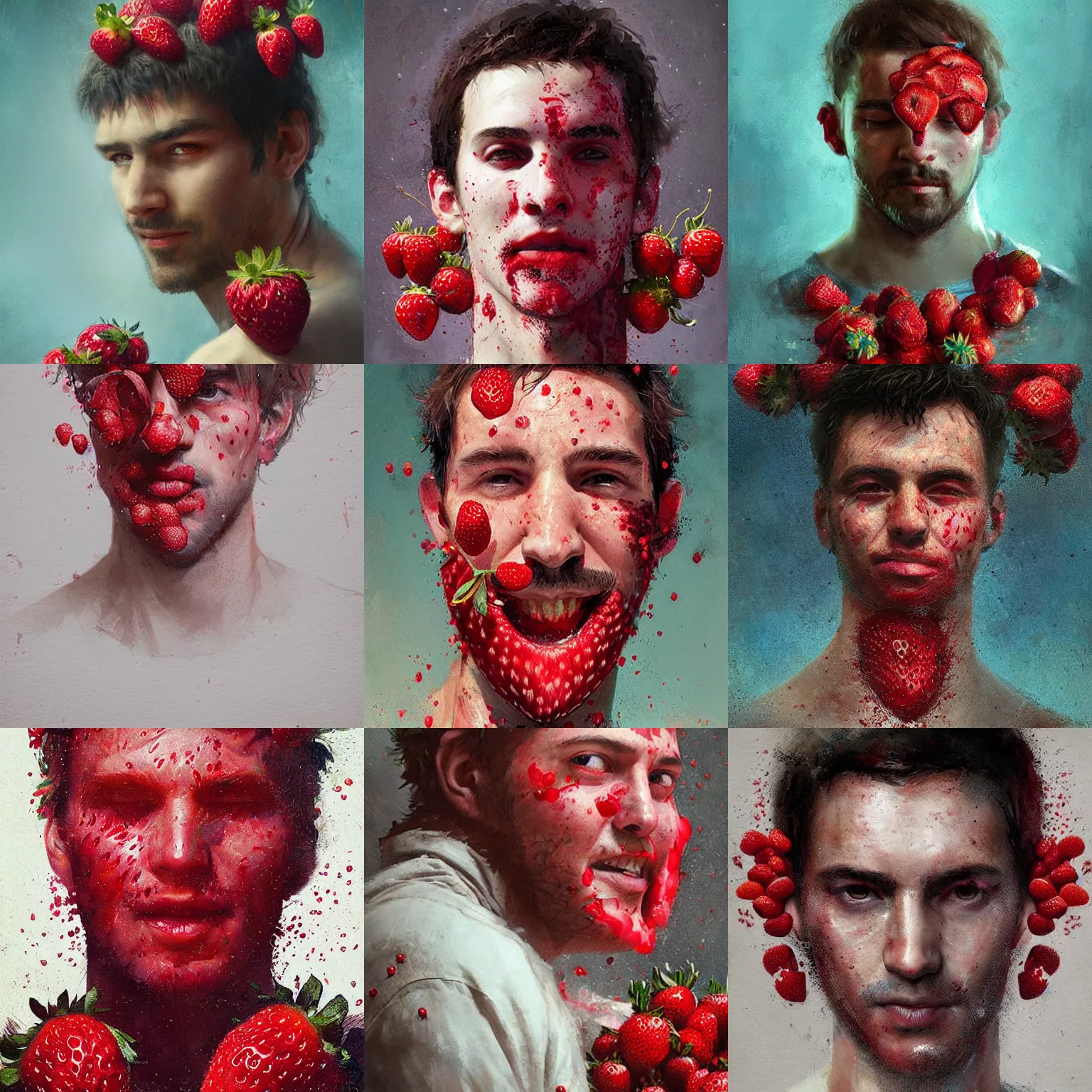 Prompt: portrait of a man covered in strawberries, slight smile, strawberry, magical, art by greg rutkowski
