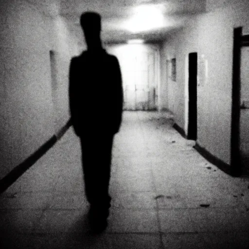 Image similar to insane nightmare, no light, everything is blurred, creepy shadows, asylum, man in the straitjacket , very poor quality of photography, 2 mpx quality, grainy picture