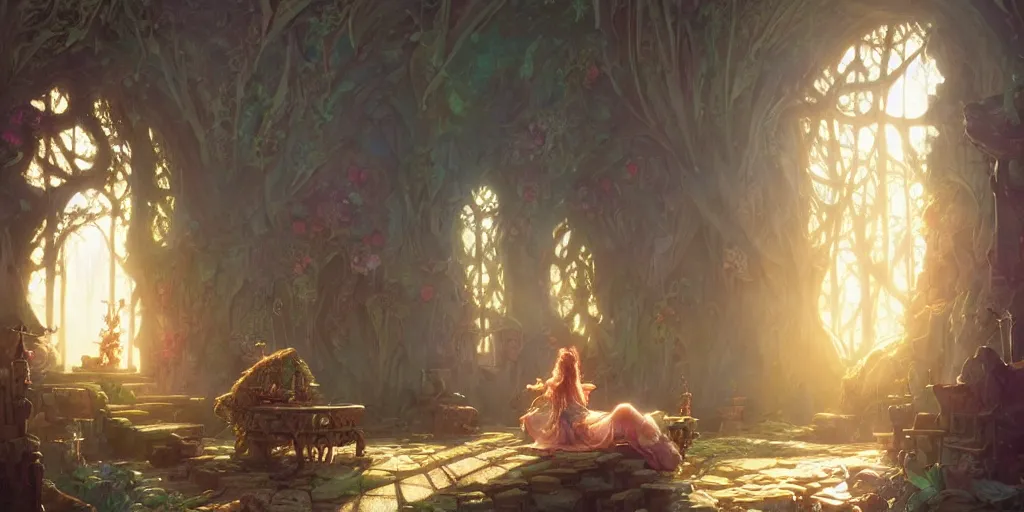 Prompt: a room in a fairy castle, stephen bliss, unreal engine, fantasy art by greg rutkowski, loish, rhads, ferdinand knab, makoto shinkai and lois van baarle, ilya kuvshinov, rossdraws, tom bagshaw, alphonse mucha, global illumination, radiant light, detailed and intricate environment