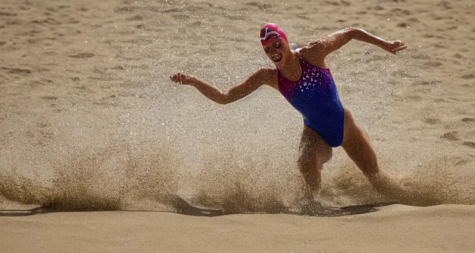 Image similar to olympic swimming in sand instead of water, extremely coherent, motion blur