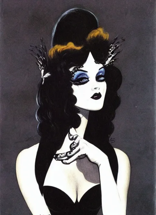 Image similar to of a goth girl burlesque psychobilly punk, detailed face, black hair, white background, drawing, illustration by frank frazetta