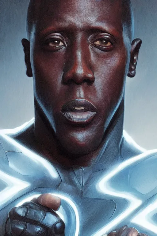 Image similar to Portrait of Wesley Snipes as Flash, DC, justice league, cinematic lighting, intricate, elegant, highly detailed, digital painting, artstation, painted by Artgerm and Mark Waid and Greg Rutkowski and Mandy Jurgens and Snyder