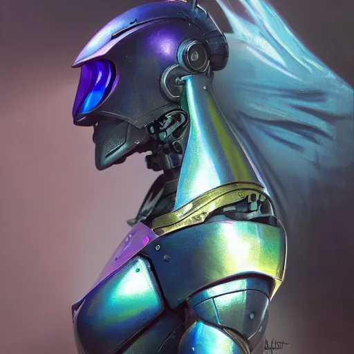 Prompt: iridescent, color shifting painted assassin robot, cinematic lighting, fantasy, warforged, intricate, highly detailed, lifelike, photorealistic, digital painting, artstation, illustration, concept art, sharp focus, art by john collier and albert aublet and krenz cushart and artem demura and alphonse mucha