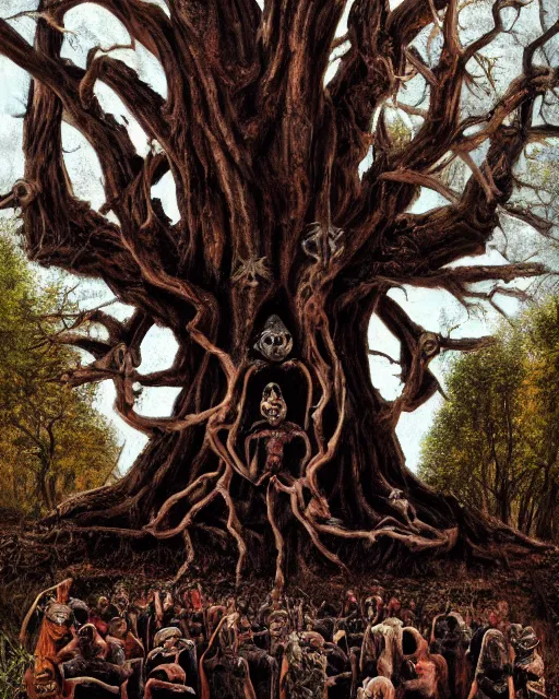 Prompt: satanic masked ritual, large ancient tree, ultra high definition, hyperrealism, masterpiece 8 k, oil painting