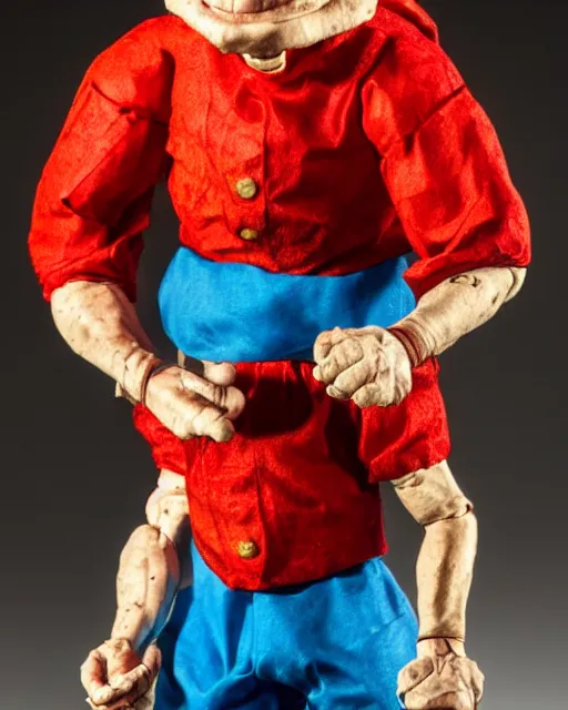 Image similar to an papier mache popeye by will kurtz, realistic, very detailed, complex, intricate, studio lighting, bokeh, sigma 5 0 mm f 1. 4