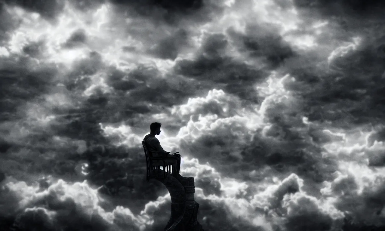 Prompt: he sits upon the throne in the clouds looking down upon his creation with a smile on his face. photorealistic. intricate details. 3 5 mm photograph. dramatic lighting. action shot. absolute focus. masterpiece.