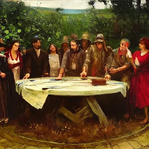 Prompt: rigorous, manmade by diego dayer, by howard pyle. a beautiful land art of a group of people standing around a circular table. in the center of the table is a large, open book. the people in the land art are looking at the book with interest & appear to be discussing its contents.