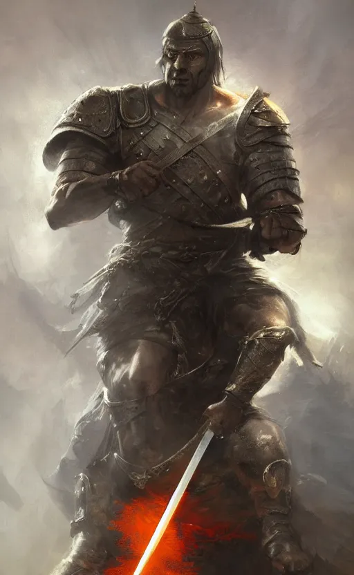 Prompt: a medieval warrior with a sword etched with runes and orange glowing eyes, advanced lighting from above, full body, detailed digital painting masterpiece by frank frazetta craig mullins and daniel f gerhartz, gorgeous, 4 k