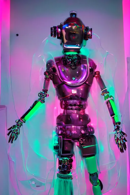 Image similar to full-body rococo and cyberpunk style mint neon and ceramic statue of a muscular pale Zayn Malik as a robot god humanoid wearing a thin see-through plastic cloak sim roupa, posing like a superhero, suspended to the wall thick clear cables around his wrists, glowing peach face, crown of pink steampunk lasers, large diamonds, swirling silver silk fabric. futuristic elements. oozing glowing liquid, full-length view. space robots. human skulls. throne made of bones, intricate artwork by caravaggio. Trending on artstation, octane render, cinematic lighting from the right, hyper realism, octane render, 8k, depth of field, 3D