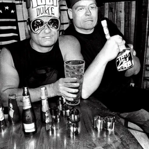 Prompt: duke nukem and doomguy drinking together beer in a bar, photography, 9 0 s