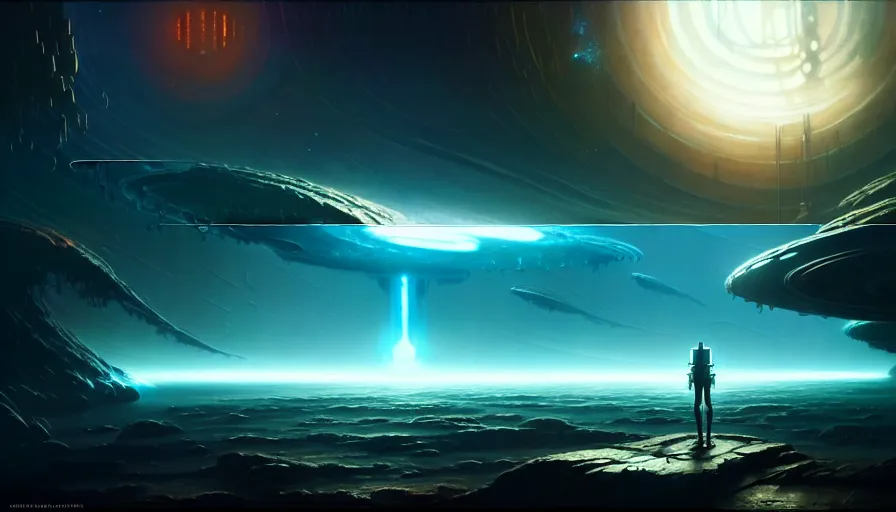 Image similar to paint an epic sci - fi exploration scene as sd ai would paint it on a water surface planet, in the style of tom bagshaw, epic scene, glowing light and shadow, cinematic lighting, unreal engine, atmospheric, god lighting, lasers