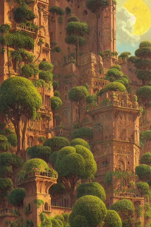 Prompt: ancient carved tower of the moon in its gardens fairytale illustration, elaborate latticed balconies, tall windows, moorish architecture, formal gardens, dramatic cinematic lighting, soft colors, golden age illustrator, unreal engine, by Ludwig Deutsch and Andreas Rocha and (Maxfield Parrish and Nicholas Roerich)