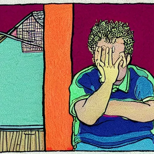 Prompt: naive colored drawing of todd solondz in front of small house, cute and sad, art by daniel johnston and francis bacon