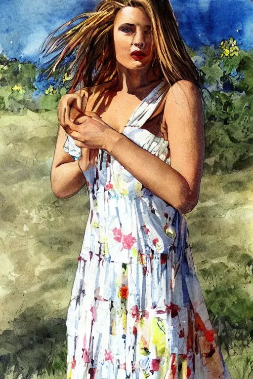 Prompt: a portrait of a beautiful woman in a summer dress by Simon Bisley