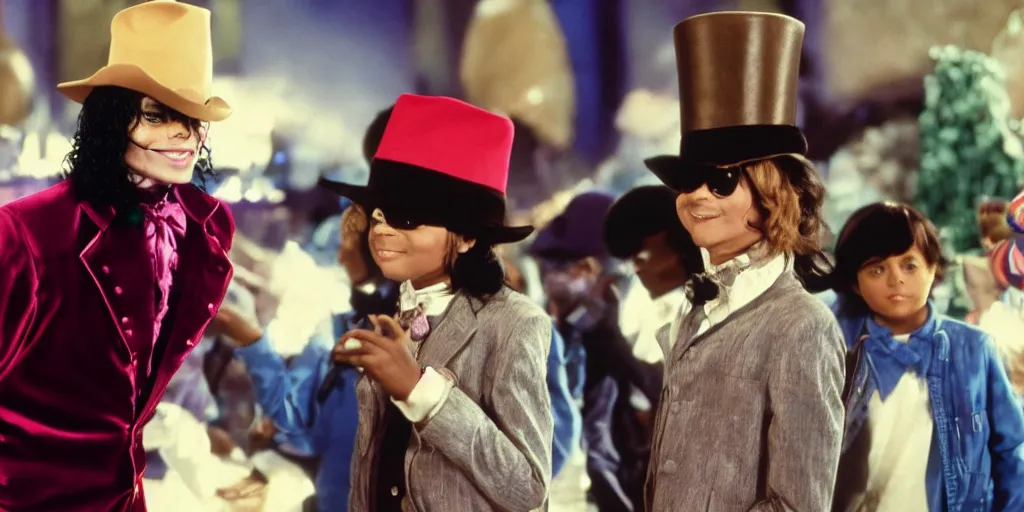 Image similar to Michael Jackson playing willy wonka in a warner bros movie, charlie and the choclate factory ultra realistic, 4K, movie still, UHD, sharp, detailed, cinematic, render, modern