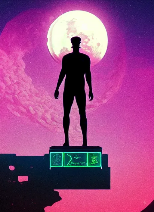 Image similar to statue of atlas, moon in the background, beeple, vaporwave, retrowave, black background, neon wiring, black, glitch, strong contrast, cuts, pinterest, trending on artstation