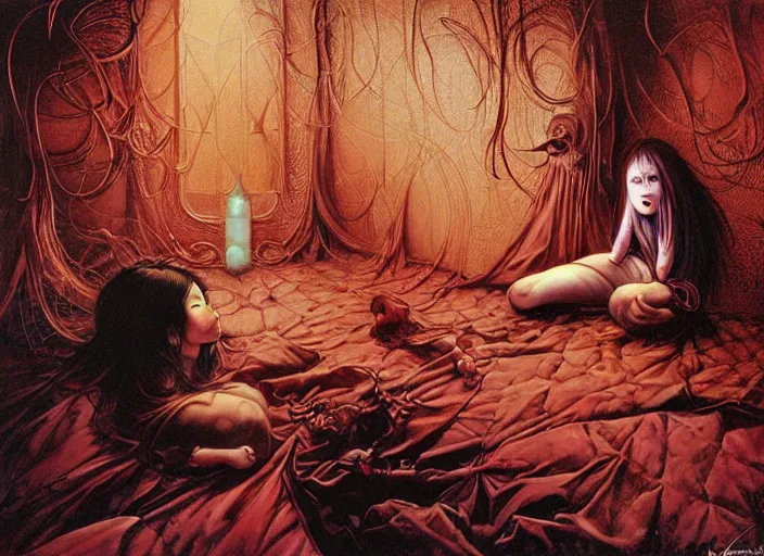 Prompt: realistic detailed image of a scared girl looking under the bed in a girlish room. demon-monster hiding under the bead. by Ayami Kojima, Amano, Karol Bak, Greg Hildebrandt, and Mark Brooks, Neo-Gothic, gothic, rich deep colors. Beksinski painting, part by Adrian Ghenie and Gerhard Richter. art by Takato Yamamoto. masterpiece