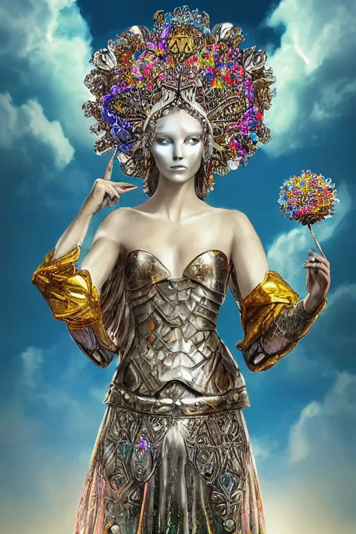 Prompt: opalescent retrofuturistic digital airbrush illustration of a knight wearing an ornate chrome headpiece and holding a flower with a landscape and sky in the background by luigi patrignani