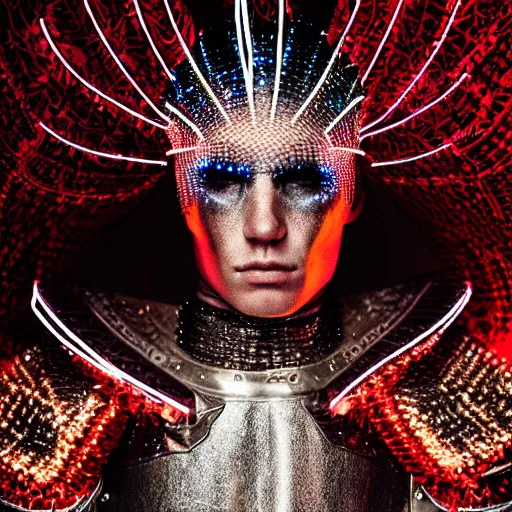 Prompt: a portrait of a beautiful young male wearing an alexander mcqueen armor made of fiber optic , photographed by andrew thomas huang, artistic