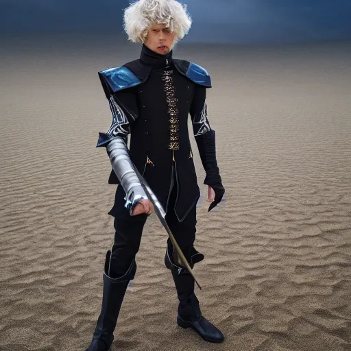 Image similar to low angle upper view of Austin Butler dressed in futuristic-baroque prussian blue duelist-garb and nanocarbon-vest and greaves, standing in an arena in Dune 2020, XF IQ4, f/1.4, ISO 200, 1/160s, 8K, RAW, unedited, symmetrical balance, face in-frame