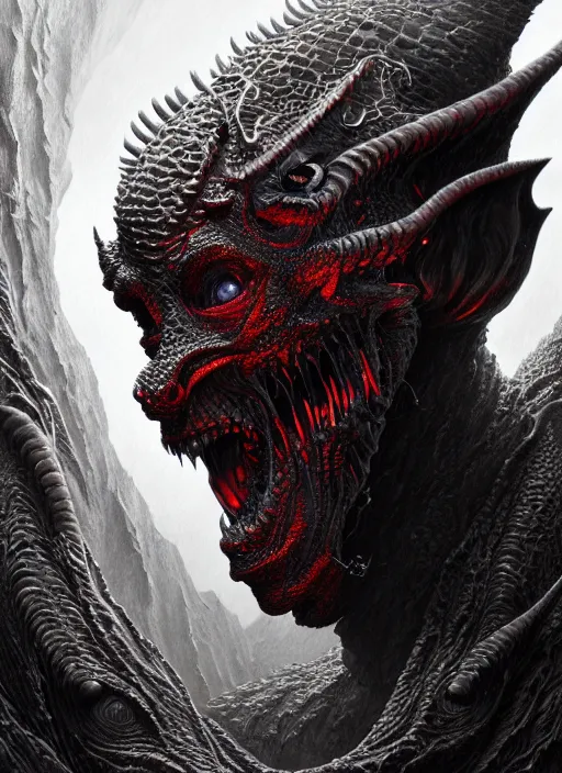 Image similar to realistic portrait of beautifully crystalized and detailed portrait of a goblin, matte painting of cinematic movie scene red dragon, horror, created by gustave dore and greg rutkowski, high detailed, smooth draw, synthwave neon retro, intricate, realistic proportions, dramatic lighting, trending on artstation.