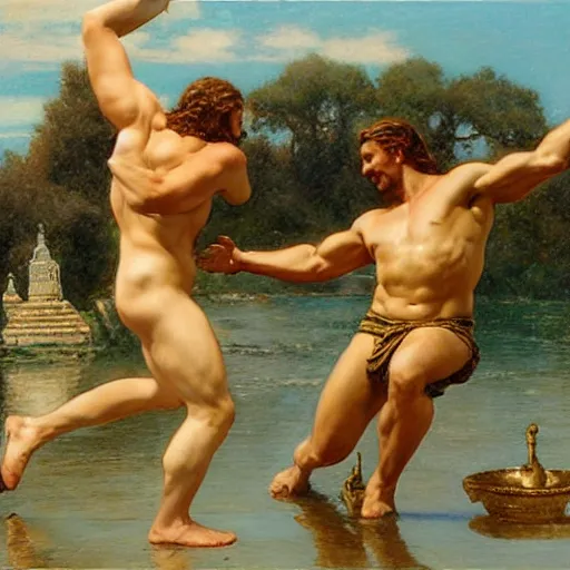 Image similar to hercules and achilles frolic in an estuary, a marble temple stands in the background, painting by gaston bussiere, craig mullins, j. c. leyendecker, tom of finland