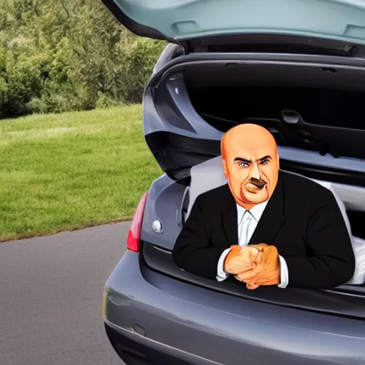 Prompt: dr phil hiding in your car trunk