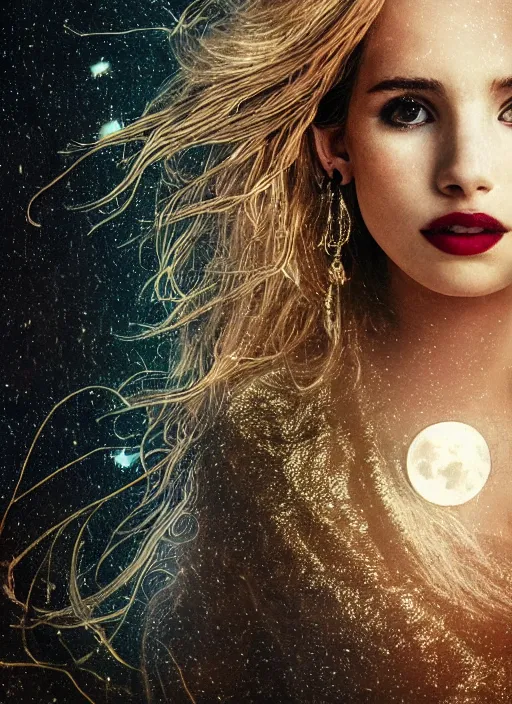 Image similar to glowing silver and golden elements, full close-up portrait, Emma Roberts as a dark witch in front of the full big moon, book cover, green forest, red white black colors, establishing shot, extremly high detail, foto realistic, cinematic lighting, pen and ink, intricate line drawings, by Yoshitaka Amano, Ruan Jia, Kentaro Miura, Artgerm, post processed, concept art, artstation, matte painting, style by eddie, raphael lacoste, alex ross