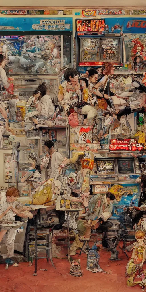 Image similar to oil painting scene from amusement arcade by kim jung gi